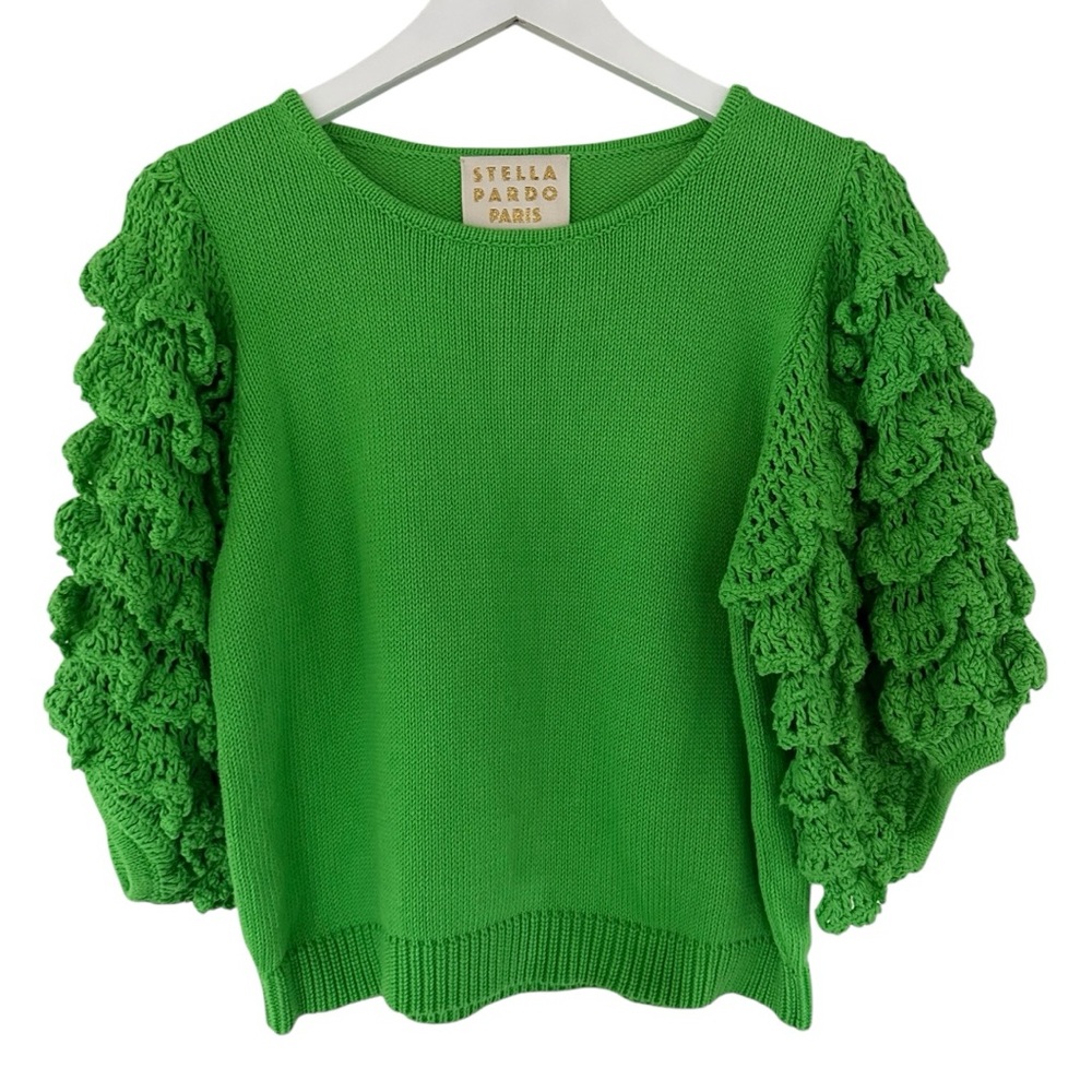 Stella Pardo- Hand crochet Green Ruffle-Sleeve Scoop Neck Sweater